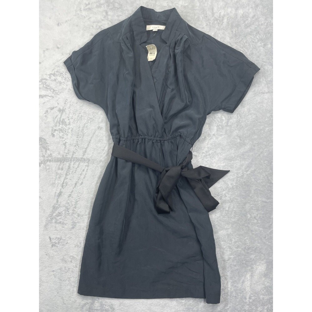 NWT LOFT Sz: 2 Black Short Sleeve Dress with Tie Waist Modal Soft Material